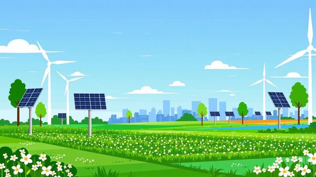 Ilustraci&oacute;n vectorial plana de una ciudad sostenible. Muestra paneles solares y turbinas e&oacute;licas en un campo verde con &aacute;rboles y flores, frente a un horizonte urbano bajo un cielo azul soleado