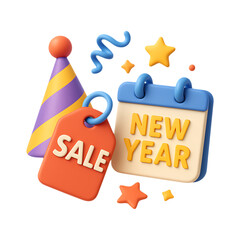Festive new year sale elements with a calendar hat and stars on transparent background