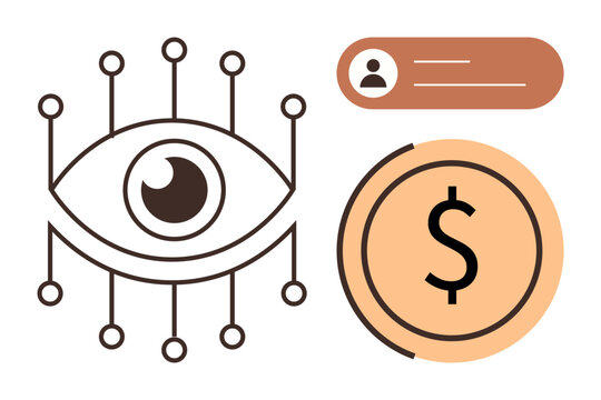 Central eye surrounded by nodes, representing technology or vision, alongside a dollar symbol and user profile badge. Ideal for technology, business, innovation, finance, analytics, futurism data