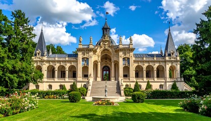 A grand, ornate castle, with a lush green lawn, trees, and a bright blue sky