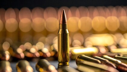 Close-up of a single brass bullet standing upright amidst a blurred background of ammunition