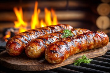 Grilled sausages resting on wooden board over barbecue flames
