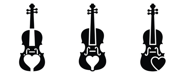 heart violin silhouette icon set, black color and white background © Bemol