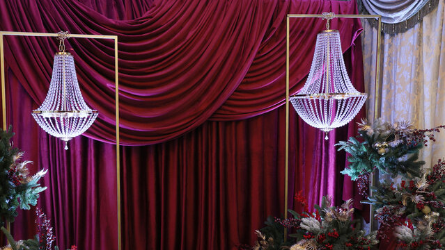 Holiday decor with crystal chandeliers.