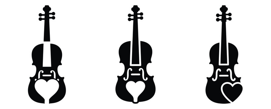 heart violin silhouette icon set, black color and white background