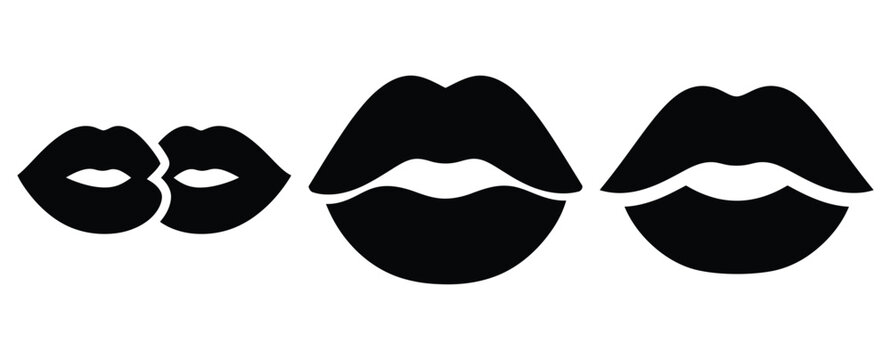kiss lips silhouette icon set, black color and white background