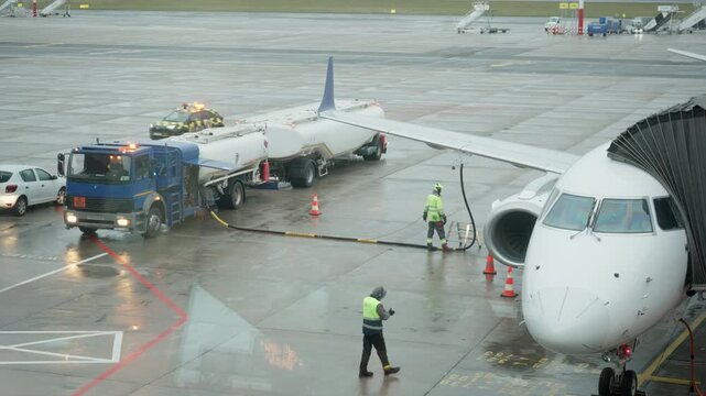 Commercial aircraft refueling process at airport apron on rainy day. Fuel tanker truck pumps kerosene into jet wing while ground crew in safety vests monitor logistics near terminal gate.