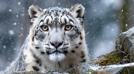 Obraz premium Snow leopard staring directly in falling snow