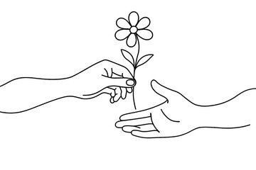 Simple line art illustration of one hand giving a flower to another hand