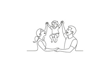 Happy family with child playing together in a joyful moment, simple line art illustration