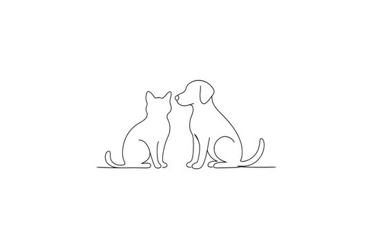 Minimalist line art of a cat and dog sitting together, facing each other