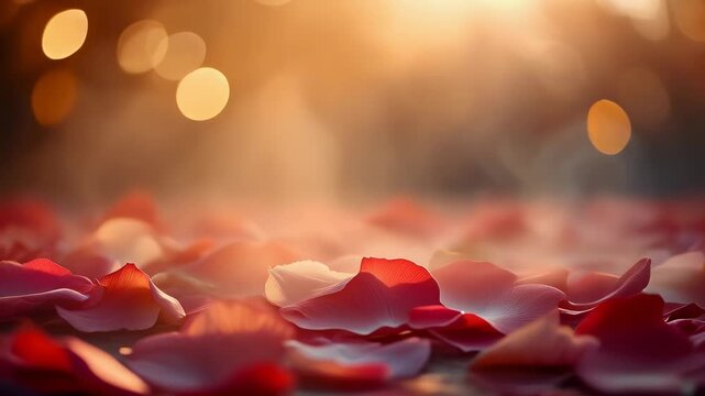 Close-up of vibrant red and pink rose petals on a reflective surface, illuminated by warm golden bokeh lights. Gentle mist drifts in the background, creating a romantic and serene atmosphere.