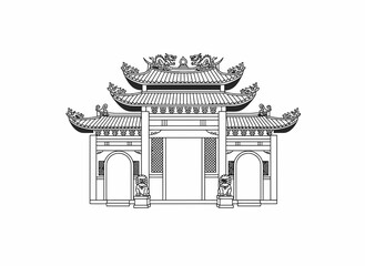 Chinese Temple Gate Black White Vector