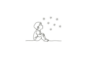Fototapeta premium Minimalist line art of a child sitting and looking up at stars with wonder