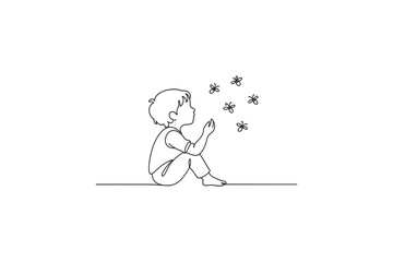 Fototapeta premium Simple line drawing of a child sitting and watching butterflies fly around them