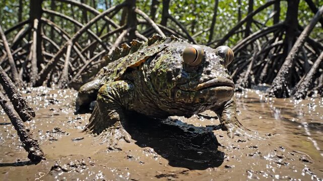 Mudskipper Amphibious Fish in Mangrove Forest Habitat Close Up View.