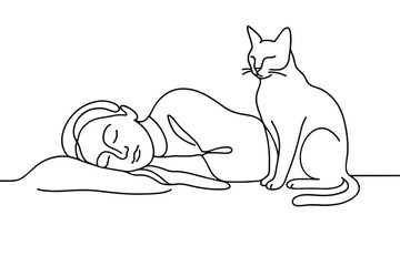 Fototapeta premium Minimalist line art of a sleeping person and a watchful cat side by side