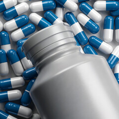 close up 3d render of medicine bottle and pills on white background