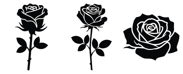 rose flower silhouette icon set, black color and white background