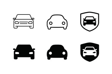 Set of car icons and car inside shield icons, representing automotive and protection concepts