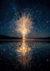 Bright fireworks explode in vibrant colors above a calm lake, illuminating the dark sky. The shimmering reflection adds to the magical atmosphere of the night celebration.