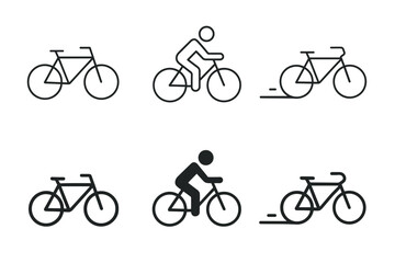 Naklejka premium Collection of simple bicycle icons and cyclist silhouettes in a clean line art style