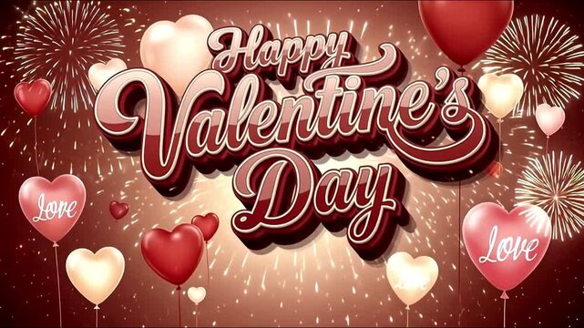 Valentine&rsquo;s warmth floats in red, pink, and white&mdash;balloons whisper &ldquo;Love,&rdquo; fireworks sparkle, and elegant script celebrates affection.