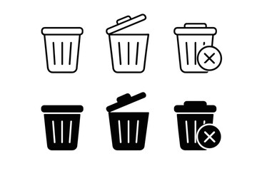 Collection of trash can icons in outline and solid black styles for deletion