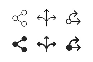 Set of icons representing sharing, branching, and direction choices in outline and solid styles