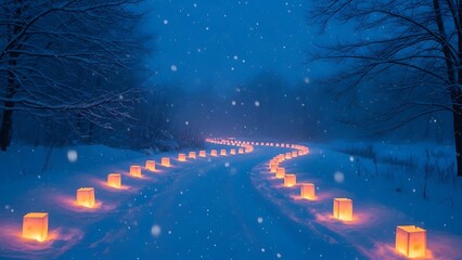 a winding path illuminated by glowing lanterns creates a magical winter scene in the snow high quality