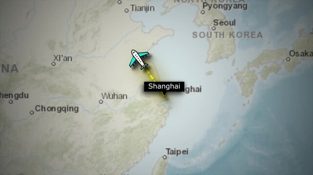 Flight Route Animation from Shanghai to London on World Map