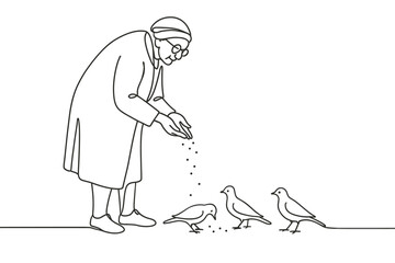 Obraz premium Elderly woman in glasses feeding pigeons with seeds from her hands, line art