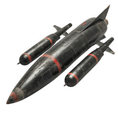 Detailed view of a black missile with red markings and fins isolated on transparent background