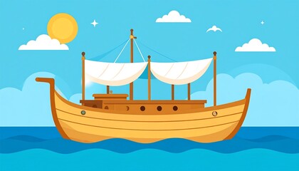 Cartoon Wooden Boat Sailing on Blue Sea with Sun and Clouds