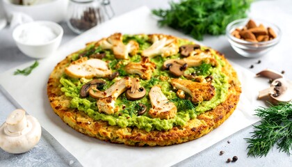 Healthy cauliflower crust pizza with green avocado sauce, roasted cauliflower, mushrooms, and fresh dill.