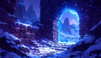 Fantasy Stone Archway Portal Glowing with Blue Lightning in a Snowy Mountain Pass