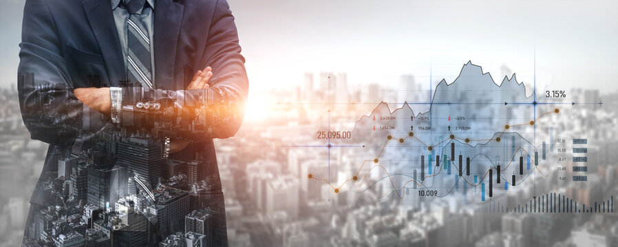 A businessman in a suit stands confidently against a city backdrop, with digital graphs and financial data illustrating insights into market trends and growth potential. Scalp - Powered by Adobe