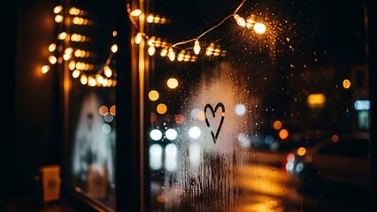 a rainy night view through a window with string lights and a heart drawing high quality professional