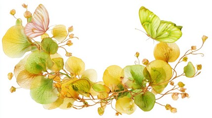 A butterfly is flying over a yellow and green flower arrangement. The butterfly is the main focus of the image, and the flowers are arranged in a way that creates a sense of movement and life