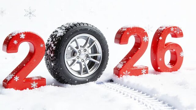 A tire on snow-covered ground, with large red numbers 2026 in the background, creating a winter scene that symbolizes the new year, esh beginnings in a serene environment