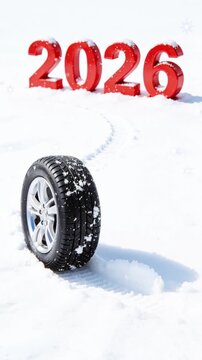 A tire on snow-covered ground, with large red numbers 2026 in the background, creating a winter scene that symbolizes the new year, esh beginnings in a serene environment