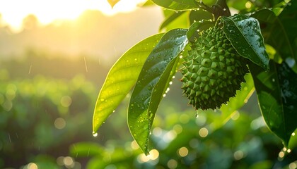 Soursop Fruit with Leaves in Rain, Nature's Beauty.
