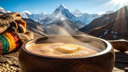 Close up of a wooden bowl with a warm drink against mountain landscape