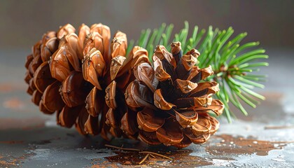 Two Pine Cones with Green Needles on Textured Surface, Macro Shot