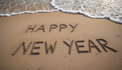 A tropical paradise beach message with a new year welcome word written as an inscription on the sand by the summer sea waves for a relaxing nature travel vacation concept