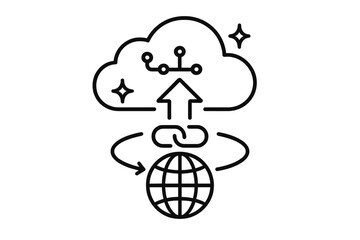 Fototapeta premium Cloud Data Icons. Line style icons of Cloud Data Global: cloud silhouette, data nodes, global arc, link line, upload arrow, soft