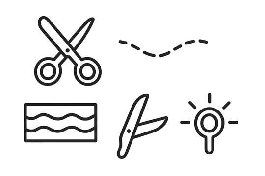 Cutline Craft Icons. Line style icons of Cutline Craft Scissors: scissors form, cut trace, pattern strip, blade arc, handle loop,