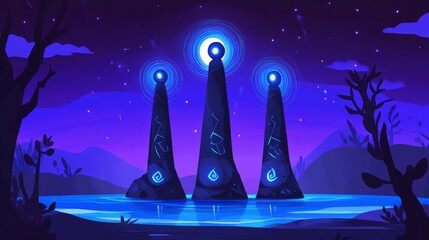 A blue sky with three tall pillars in the foreground. The pillars are lit up and surrounded by water