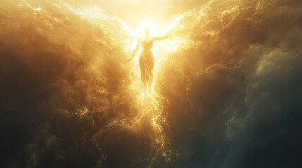A woman is flying in the sky above a stormy sky. The sky is filled with clouds and lightning. The woman is surrounded by a golden aura, giving the impression of a divine being. Scene is one of awe