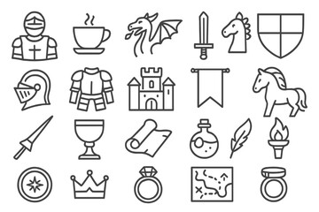 Fototapeta premium Medieval Heroic Icons. Line style icons of medieval hero gear: Knight, Teacup, Dragon, Sword, Shield, Helmet, Armor, Castle,
